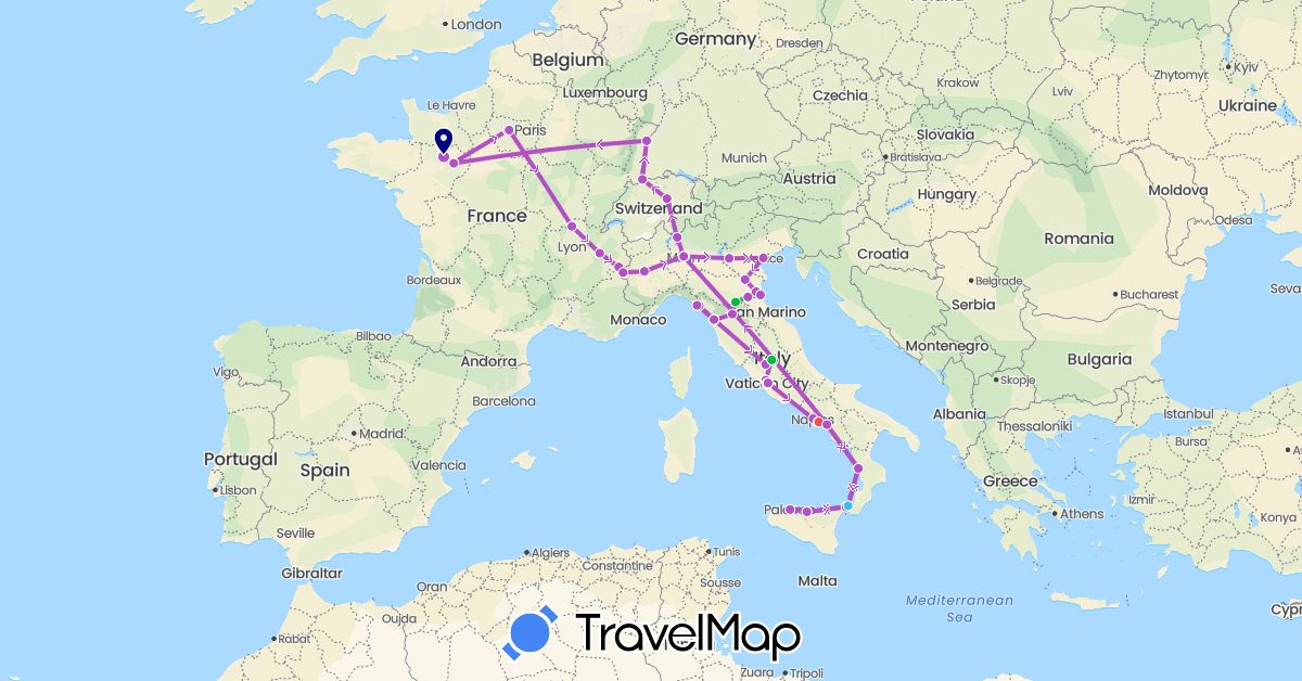 TravelMap itinerary: driving, bus, train, hiking, boat in Switzerland, France, Italy (Europe)